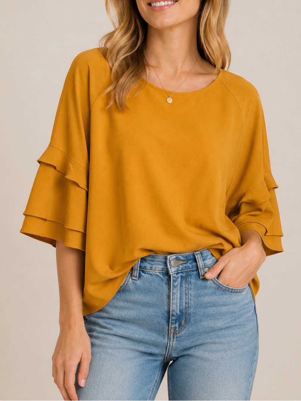 Rescue Lab Made in USA Lord & Taylor Mustard Ruffle Sleeve Blouse Size Small